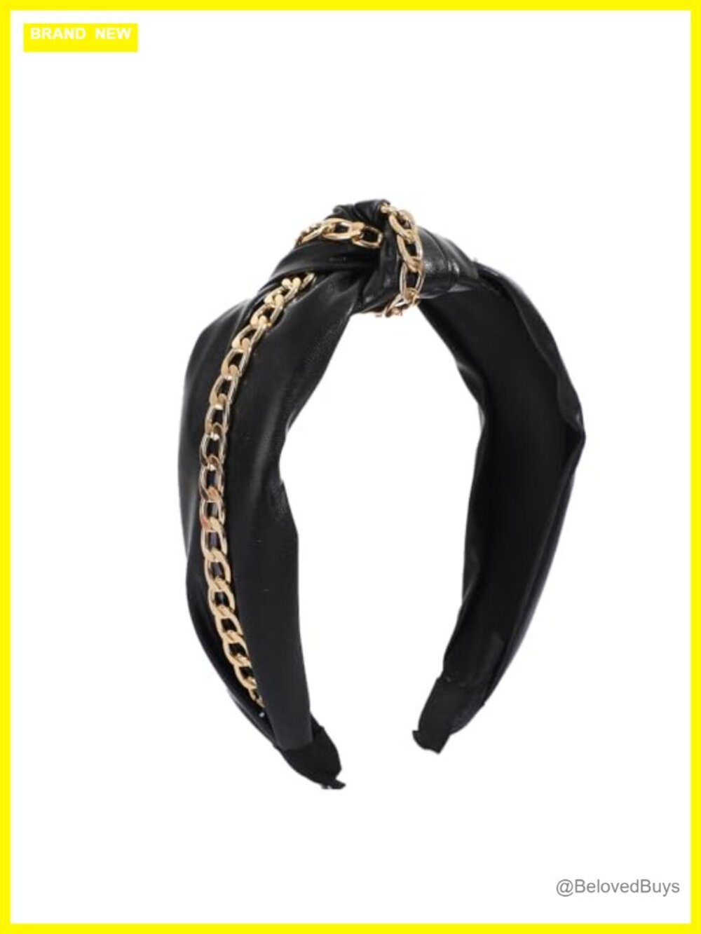 Punk Knotted Headband with Gold Chain Black PU Leather Hair Hoop